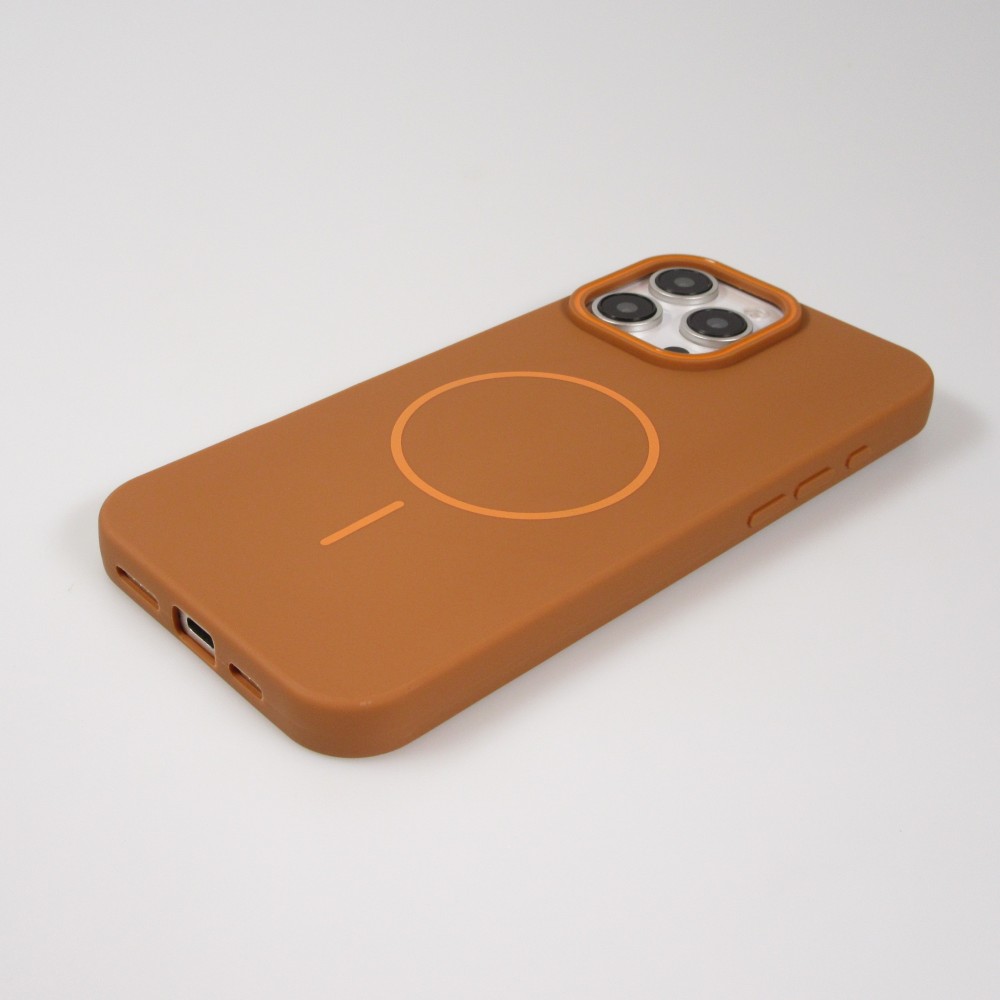 iPhone 16 Pro Case H&uuml;lle - Silicone MagSafe Flexibel Halo Licht - Braun