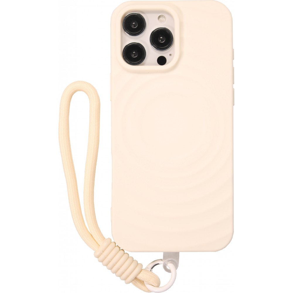 iPhone 16 Pro Case H&uuml;lle - Silikon Soft Touch MagSafe mit Wellen und Handschlauf - Weiss