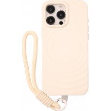 iPhone 16 Pro Case H&uuml;lle - Silikon Soft Touch MagSafe mit Wellen und Handschlauf - Weiss
