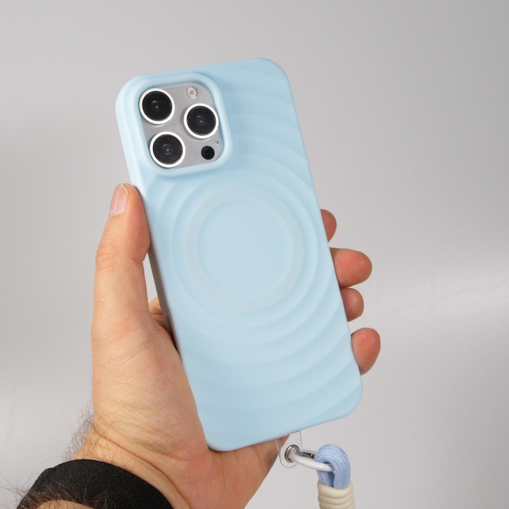 iPhone 16 Pro Case H&uuml;lle - Silikon Soft Touch MagSafe mit Wellen und Handschlauf - Blau