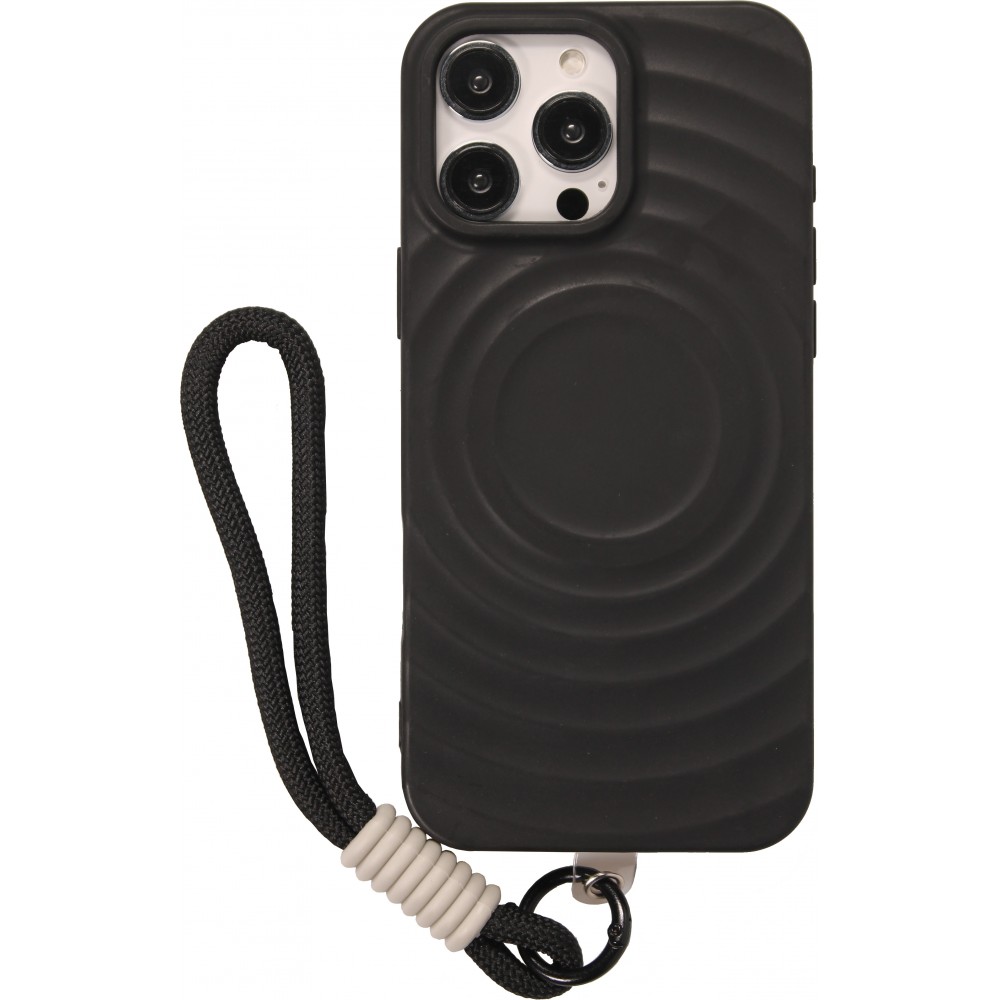 iPhone 16 Pro Case H&uuml;lle - Silikon Soft Touch MagSafe mit Wellen und Handschlauf - Schwarz