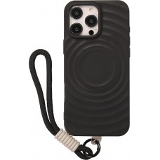 iPhone 16 Pro Case H&uuml;lle - Silikon Soft Touch MagSafe mit Wellen und Handschlauf - Schwarz