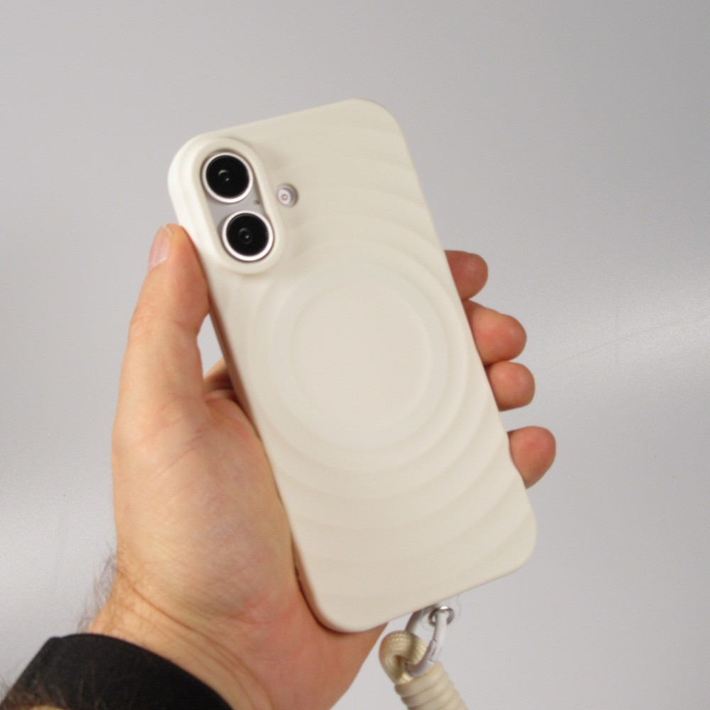 iPhone 16 Case H&uuml;lle - Silikon Soft Touch MagSafe mit Wellen und Handschlauf - Weiss