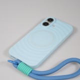 iPhone 16 Case H&uuml;lle - Silikon Soft Touch MagSafe mit Wellen und Handschlauf - Blau