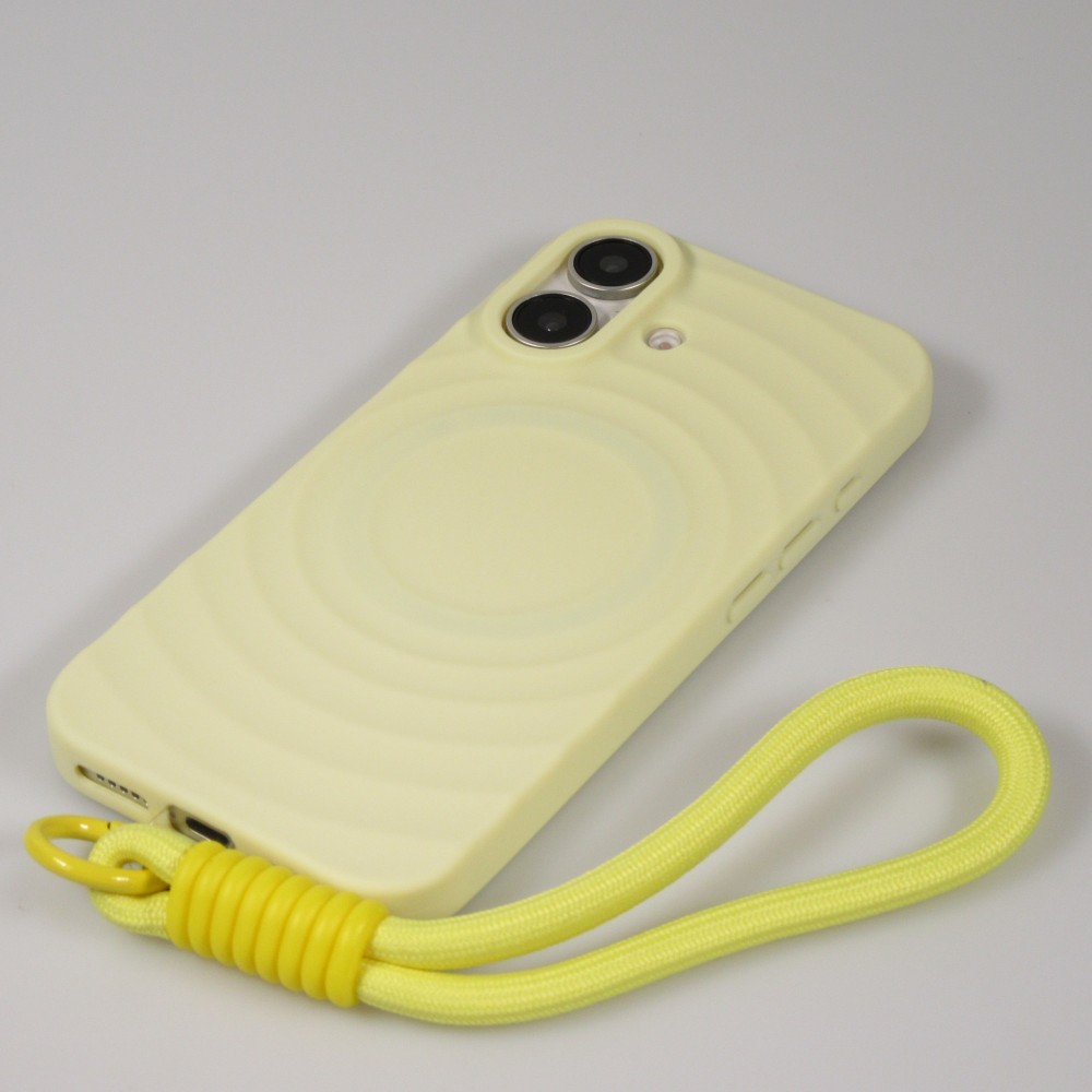iPhone 16 Case H&uuml;lle - Silikon Soft Touch MagSafe mit Wellen und Handschlauf - Gelb