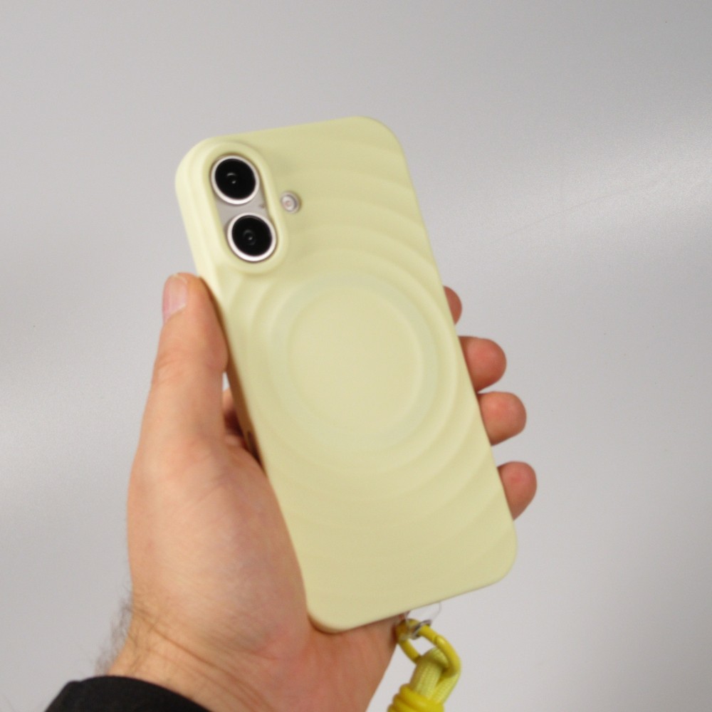 iPhone 16 Case H&uuml;lle - Silikon Soft Touch MagSafe mit Wellen und Handschlauf - Gelb
