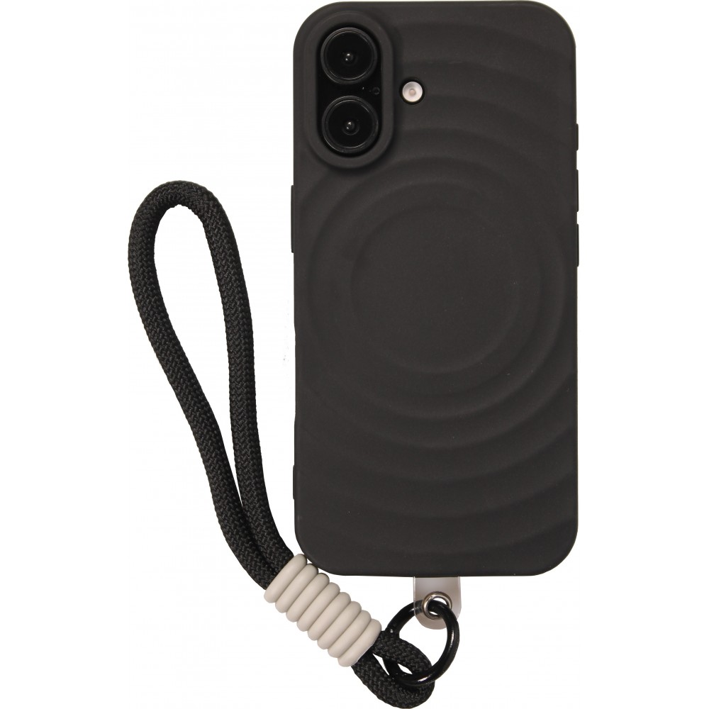 iPhone 16 Case H&uuml;lle - Silikon Soft Touch MagSafe mit Wellen und Handschlauf - Schwarz