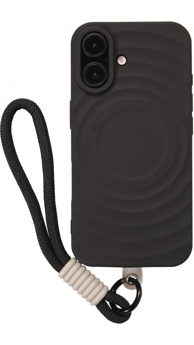 iPhone 16 Case Hülle - Silikon Soft Touch MagSafe mit Wellen und Handschlauf - Schwarz