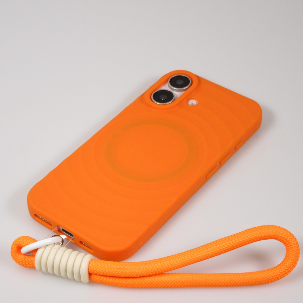 iPhone 16 Case H&uuml;lle - Silikon Soft Touch MagSafe mit Wellen und Handschlauf - Orange