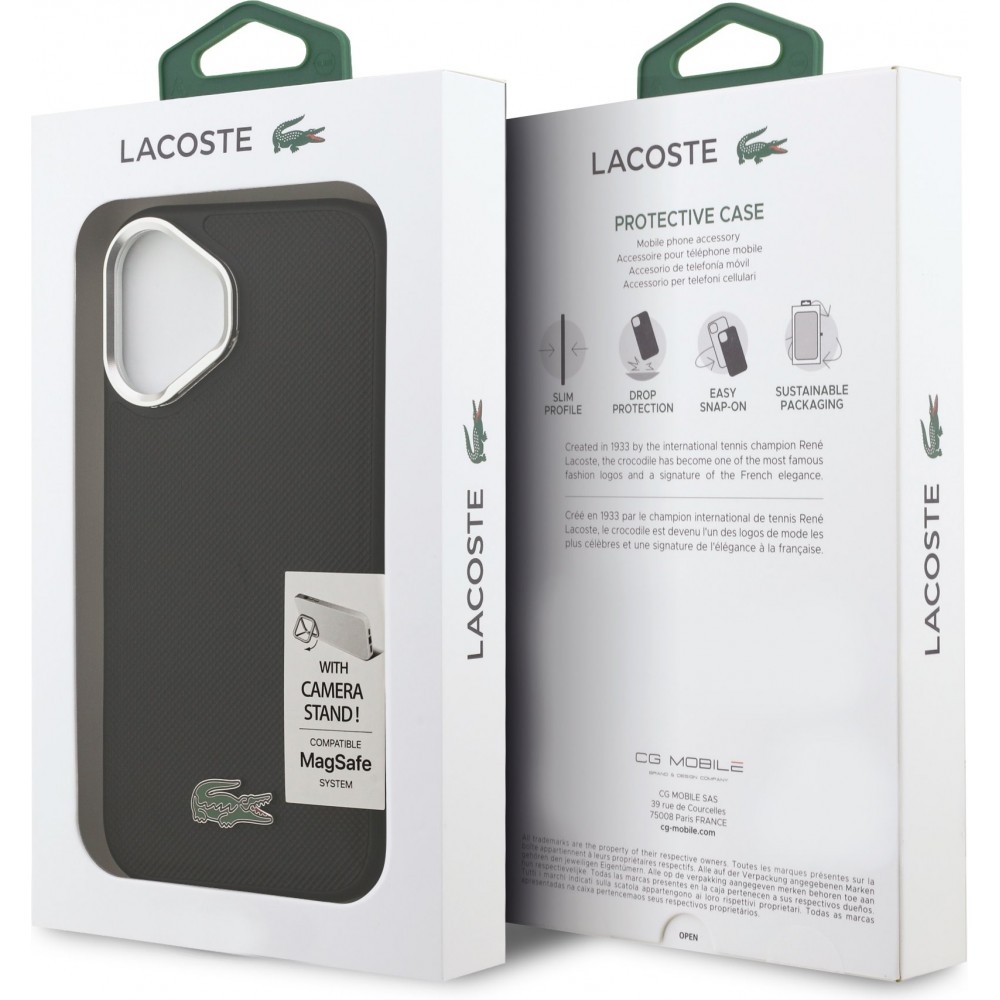 iPhone 17 Case Hülle - Lacoste Iconique Petit Piqué MagSafe Metallhalter für Kamera - Schwarz