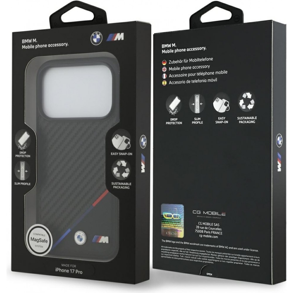 iPhone 17 Pro Case Hülle - BMW M Carbon Tricolor Line MagSafe kompatible Premium Schutz - Schwarz