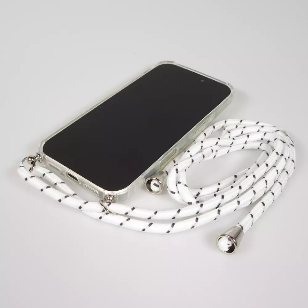 Hülle iPhone 17 Pro Max - Gummi transparent mit Seil - Weiss gefleckt