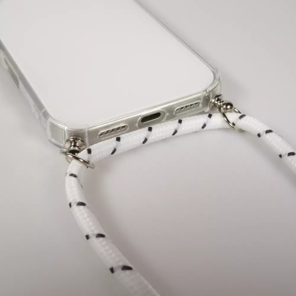 Hülle iPhone 17 Pro Max - Gummi transparent mit Seil - Weiss gefleckt