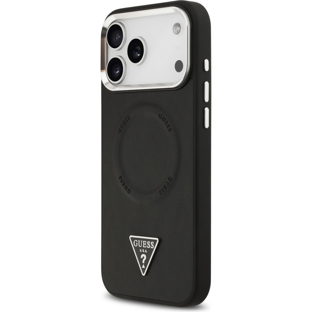 iPhone 17 Pro Case Hülle - Guess MagSafe PU-Leder mit Triangel-Logo und silbernem Kamerarahmen - Schwarz