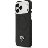 iPhone 17 Pro Case Hülle - Guess MagSafe PU-Leder mit Triangel-Logo und silbernem Kamerarahmen - Schwarz