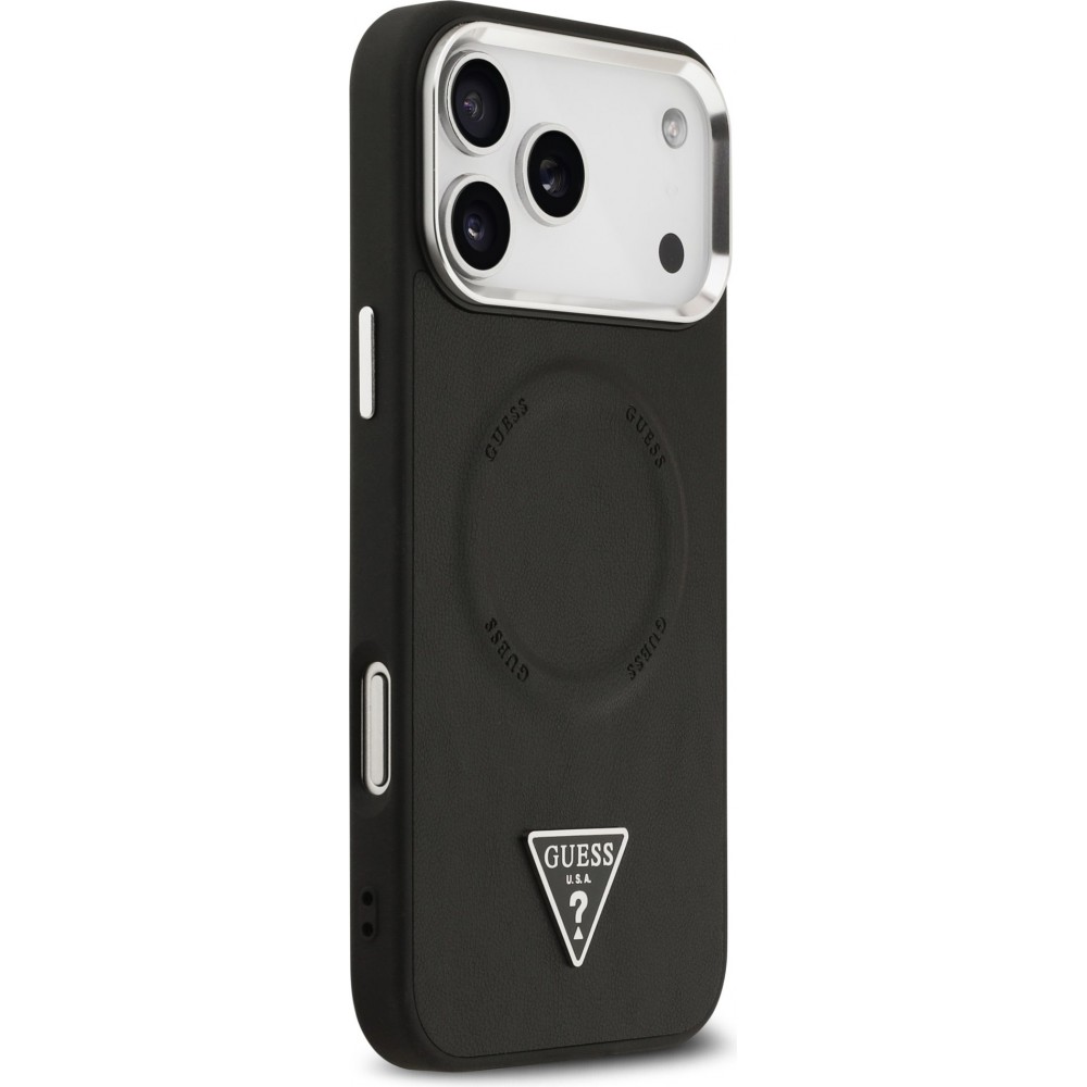 iPhone 17 Pro Case Hülle - Guess MagSafe PU-Leder mit Triangel-Logo und silbernem Kamerarahmen - Schwarz