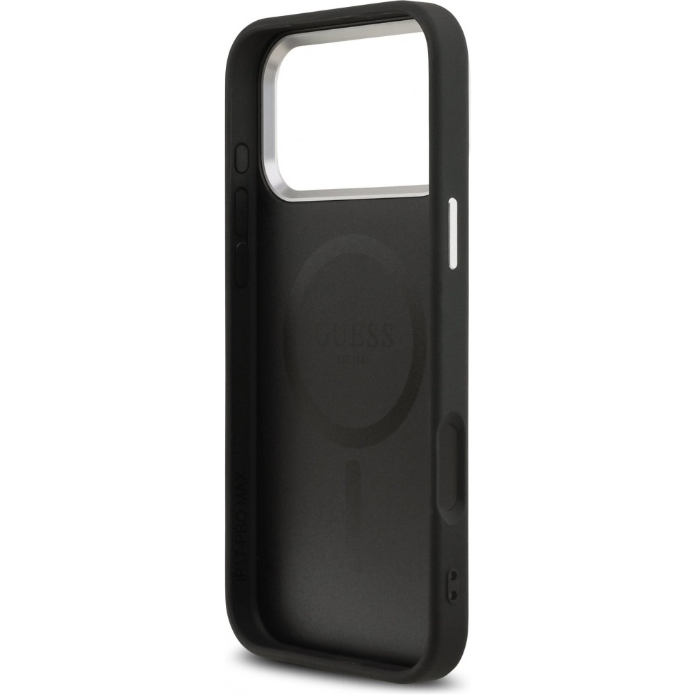 iPhone 17 Pro Case Hülle - Guess MagSafe PU-Leder mit Triangel-Logo und silbernem Kamerarahmen - Schwarz