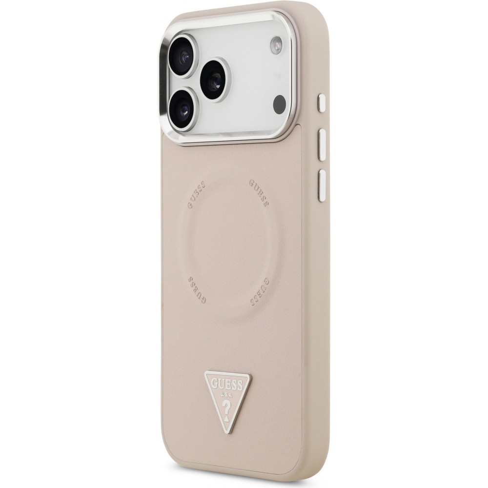 iPhone 17 Pro Case Hülle - Guess MagSafe PU-Leder mit Triangel-Logo und silbernem Kamerarahmen - Rosa