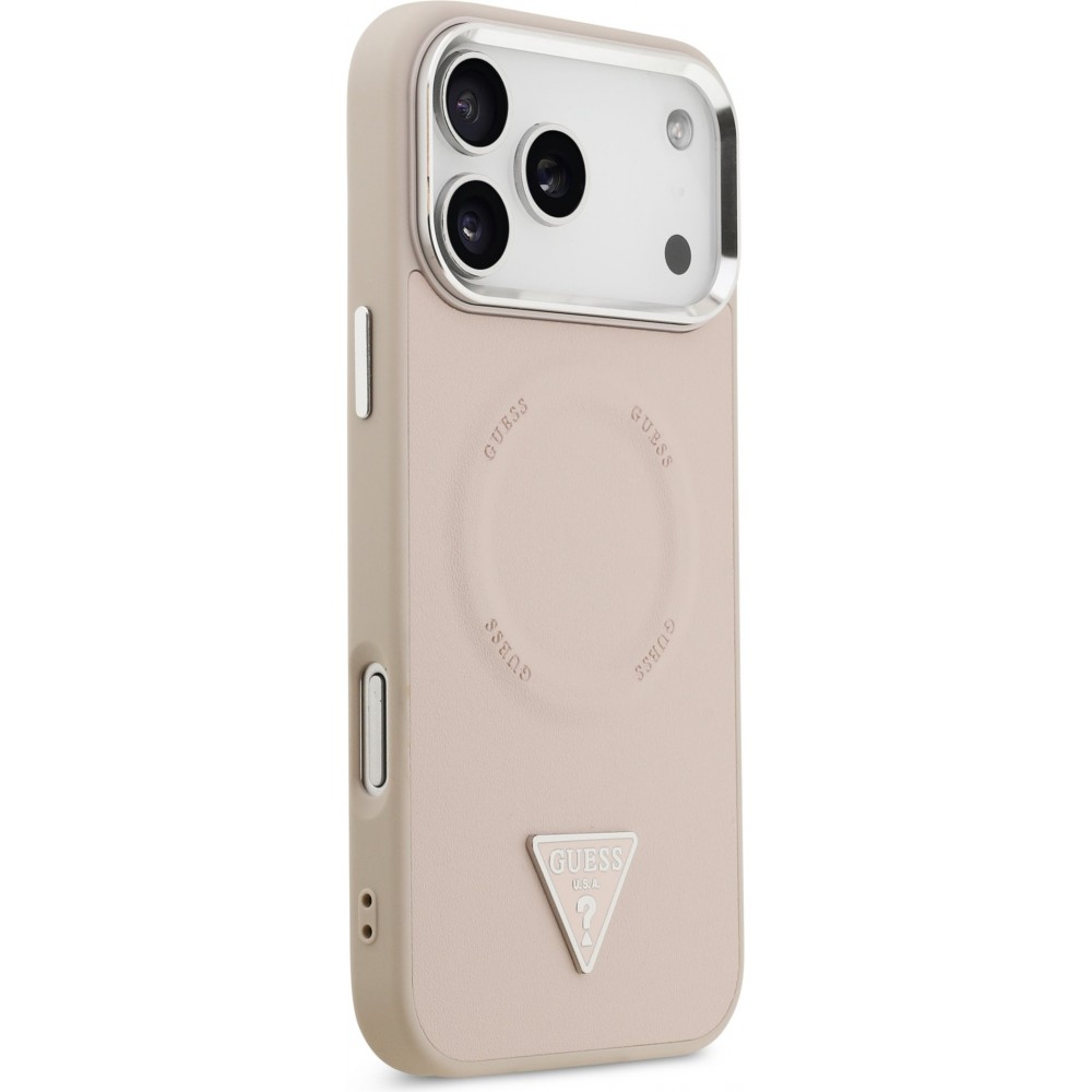 iPhone 17 Pro Case Hülle - Guess MagSafe PU-Leder mit Triangel-Logo und silbernem Kamerarahmen - Rosa