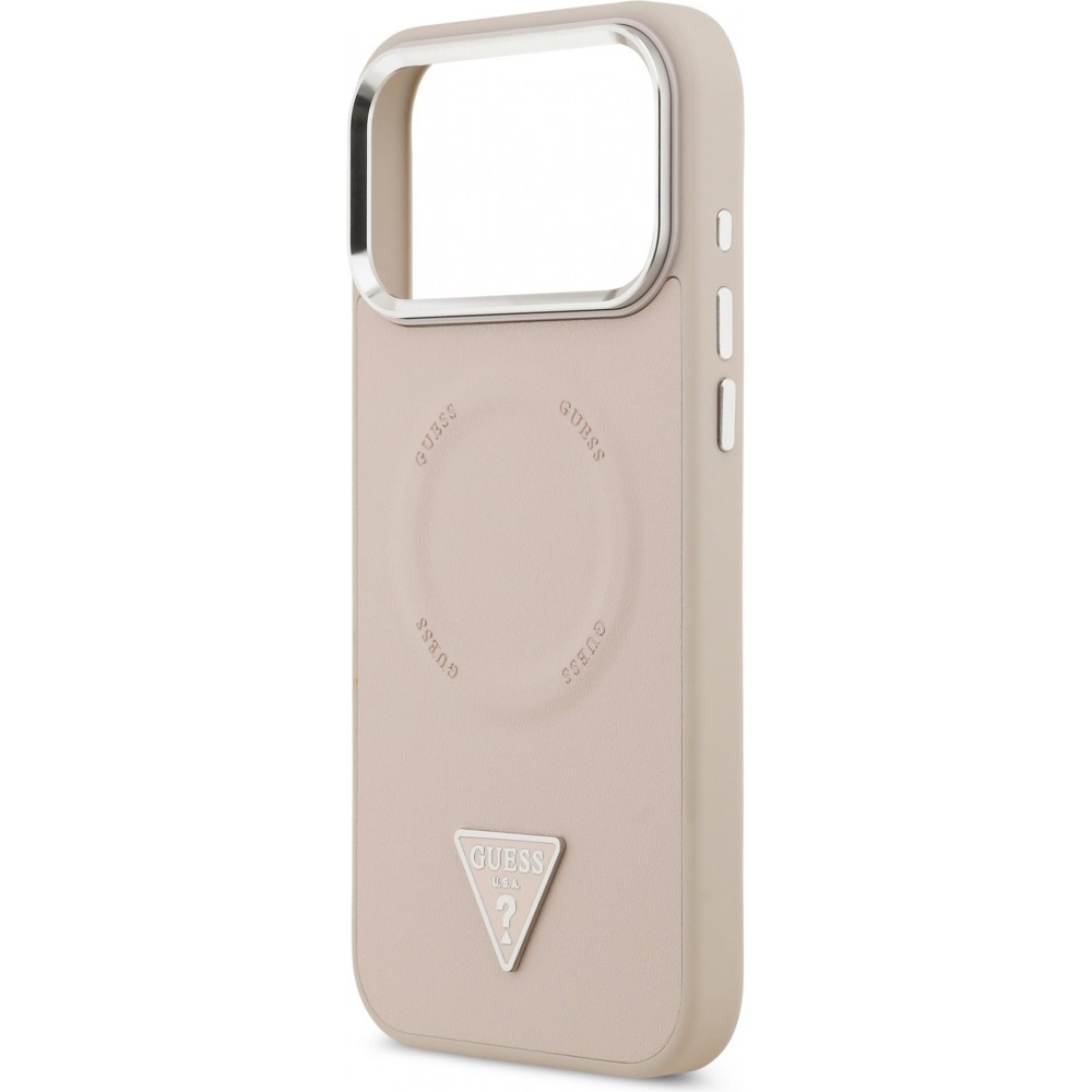 iPhone 17 Pro Case Hülle - Guess MagSafe PU-Leder mit Triangel-Logo und silbernem Kamerarahmen - Rosa