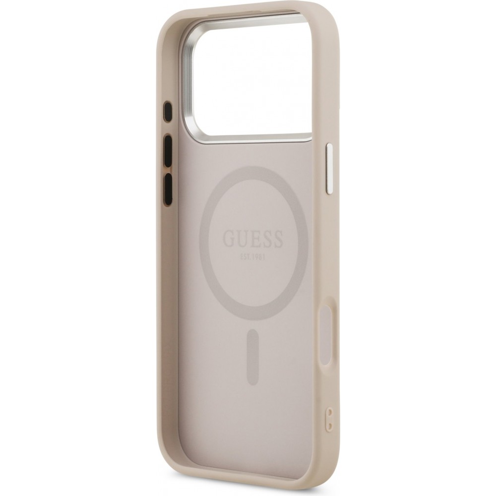 iPhone 17 Pro Case Hülle - Guess MagSafe PU-Leder mit Triangel-Logo und silbernem Kamerarahmen - Rosa
