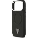 iPhone 17 Pro Max Case Hülle - Guess MagSafe PU-Leder mit Triangel-Logo und silbernem Kamerarahmen - Schwarz