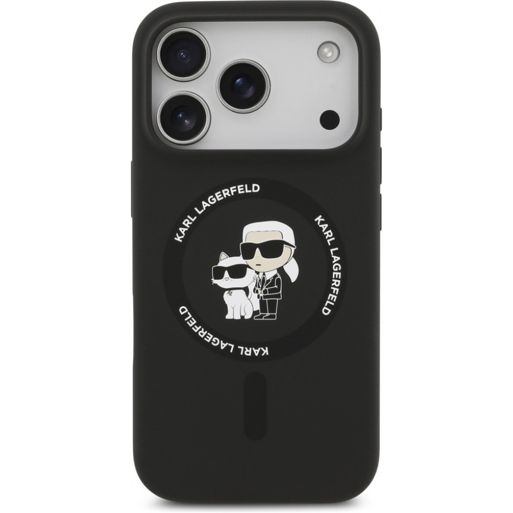 iPhone 17 Pro Max Case H&uuml;lle - Karl Lagerfeld Silikonh&uuml;lle mit Karl und Choupette Design MagSafe-kompatibel - Schwarz