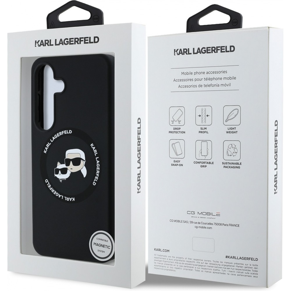 Galaxy S25 Case Hülle - Karl Lagerfeld Silikon-Hülle mit Karl und Choupette Design, MagSafe-kompatibel - Schwarz