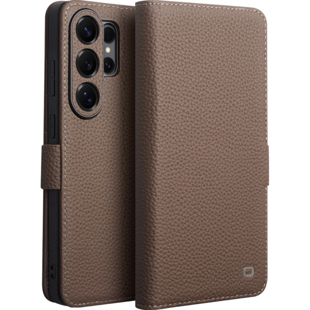 Samsung Galaxy S26 Ultra Case Hülle - Flip Qialino Full Grain Wallet Echtleder matt mit Magnetverschluss - Braun