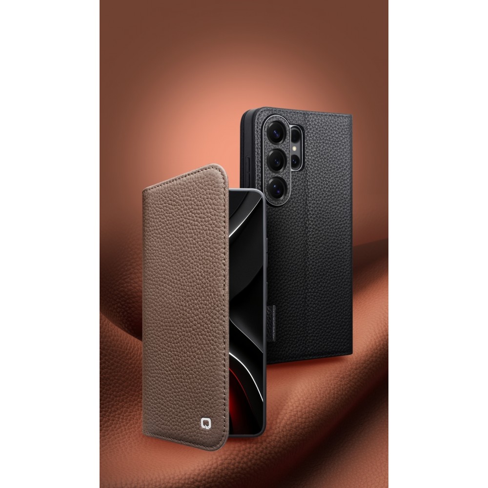 Samsung Galaxy S26 Ultra Case Hülle - Flip Qialino Full Grain Wallet Echtleder matt mit Magnetverschluss - Braun