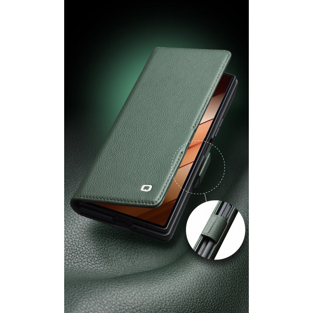 Galaxy Z Fold7 Case Hülle - Flip Qialino Full Grain Wallet Echtleder matt mit Magnetverschluss - Dunkelbraun