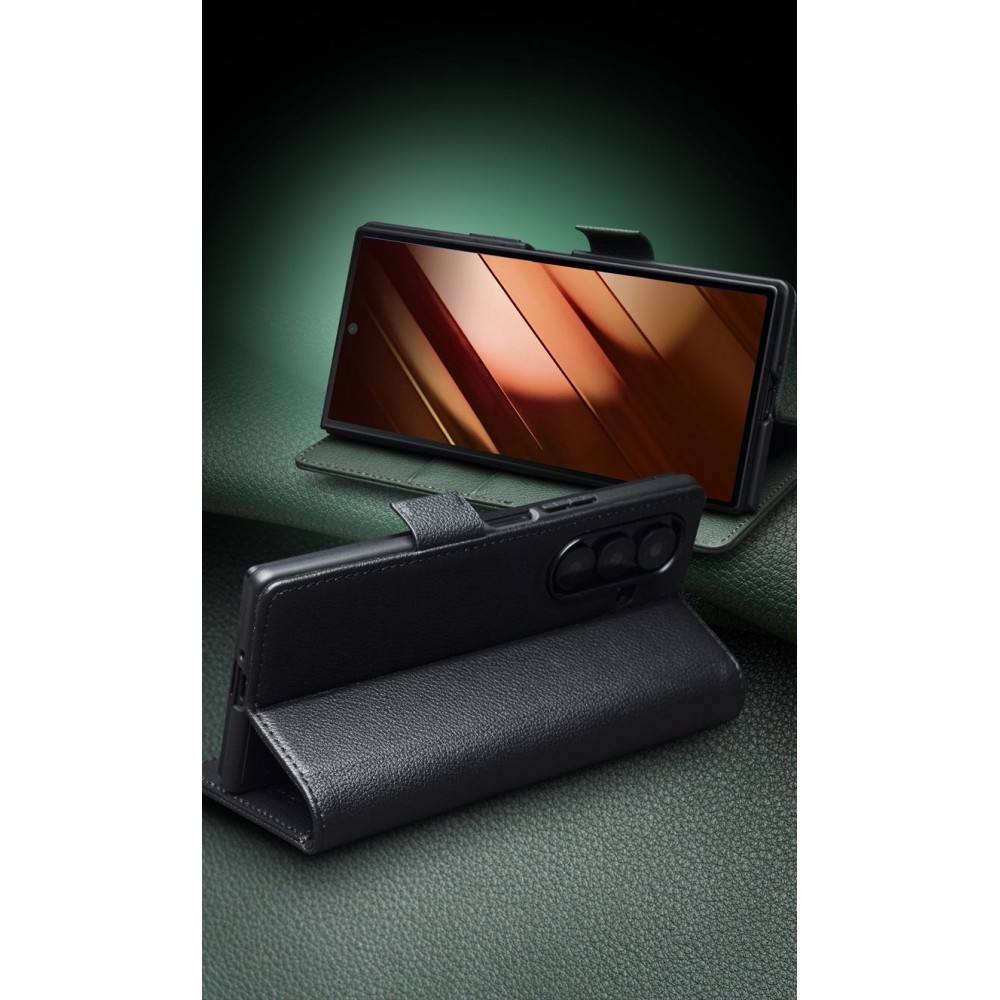 Galaxy Z Fold7 Case H&uuml;lle - Flip Qialino Full Grain Wallet Echtleder matt mit Magnetverschluss - Gr&uuml;n