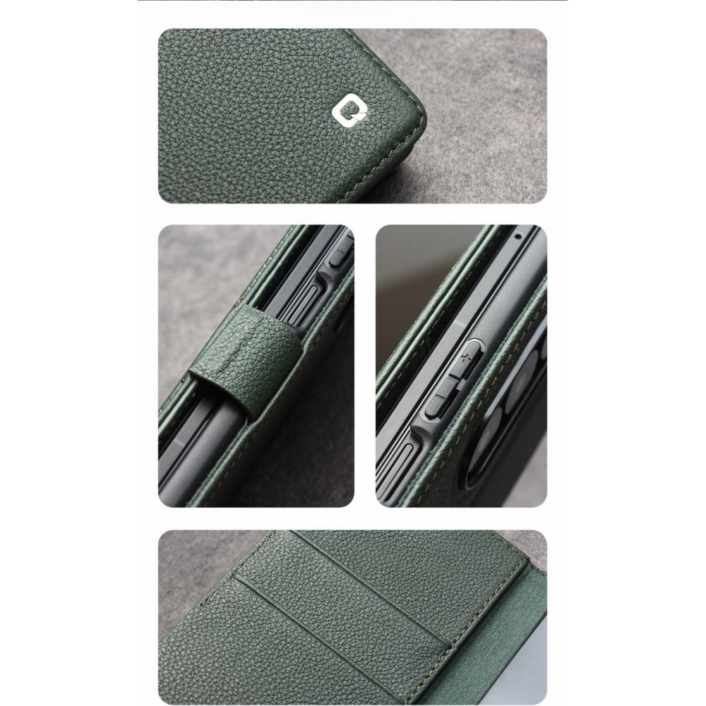 Galaxy Z Fold7 Case H&uuml;lle - Flip Qialino Full Grain Wallet Echtleder matt mit Magnetverschluss - Gr&uuml;n