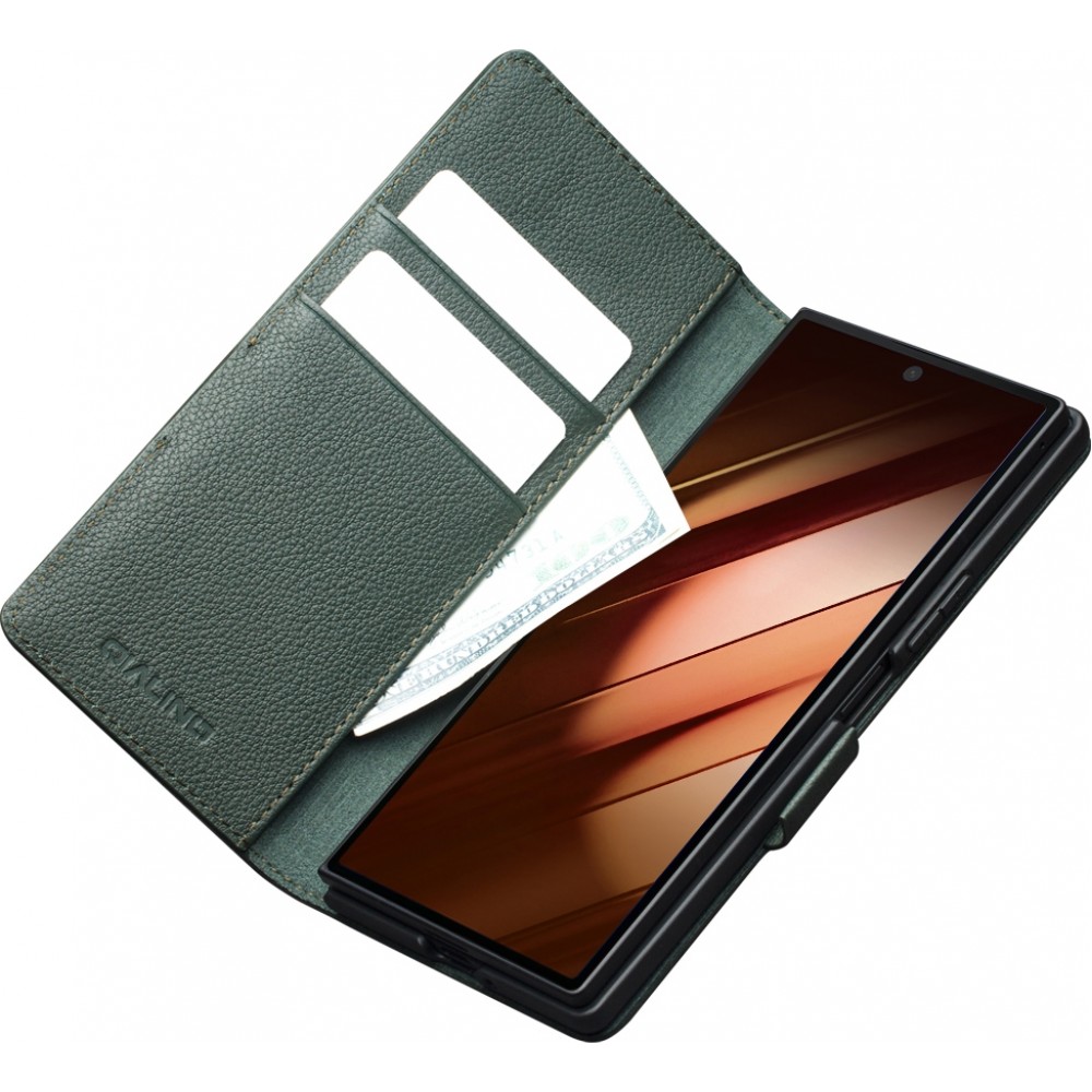 Galaxy Z Fold7 Case H&uuml;lle - Flip Qialino Full Grain Wallet Echtleder matt mit Magnetverschluss - Gr&uuml;n