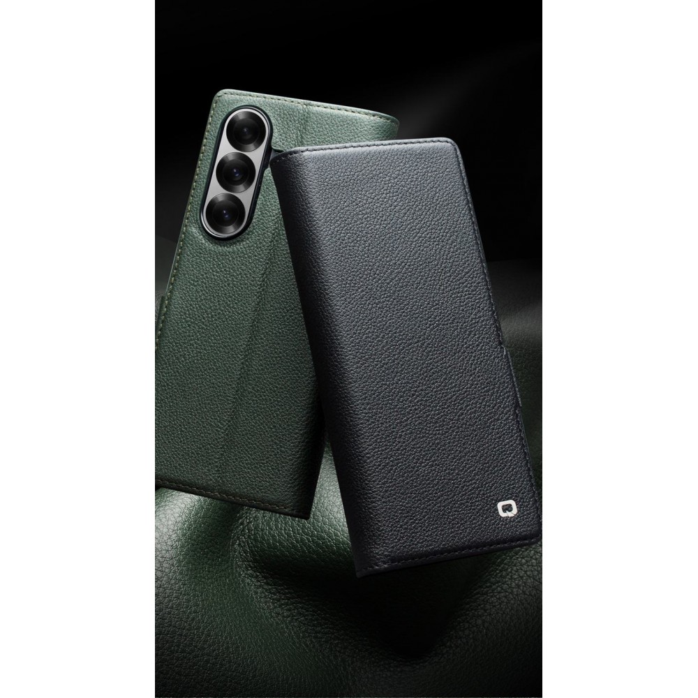 Galaxy Z Fold7 Case H&uuml;lle - Flip Qialino Full Grain Wallet Echtleder matt mit Magnetverschluss - Gr&uuml;n