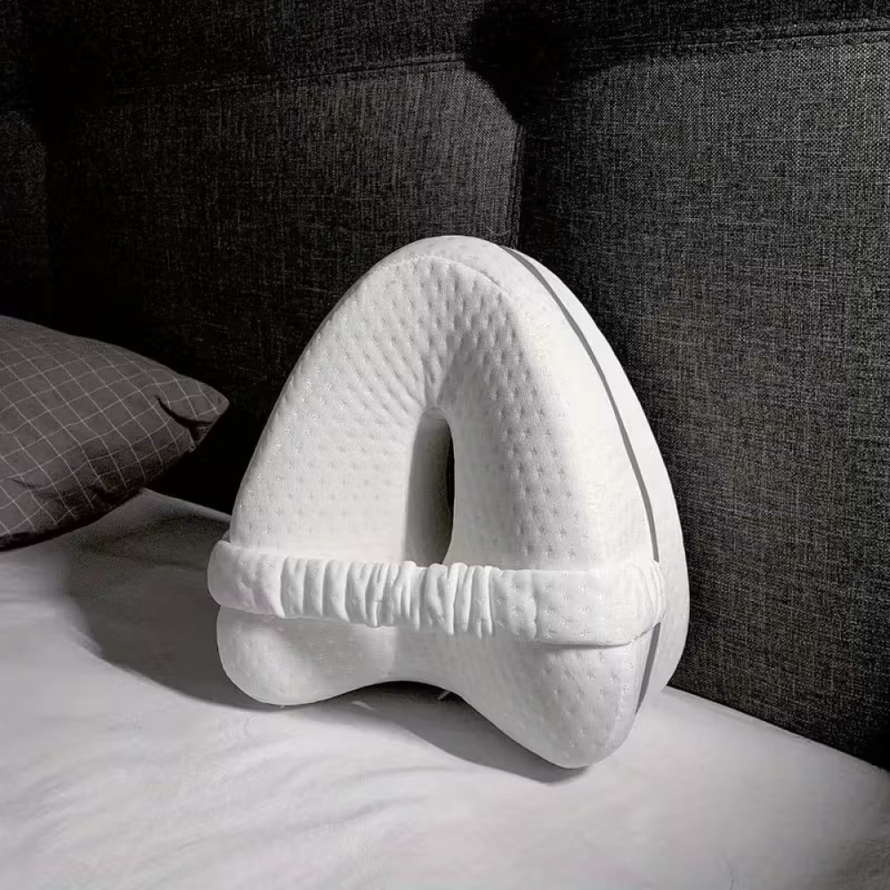 Coussin de jambe ergonomique &agrave; m&eacute;moire de forme avec sangle oreiller de genou pour dormeurs lat&eacute;raux housse lavable - Blanc