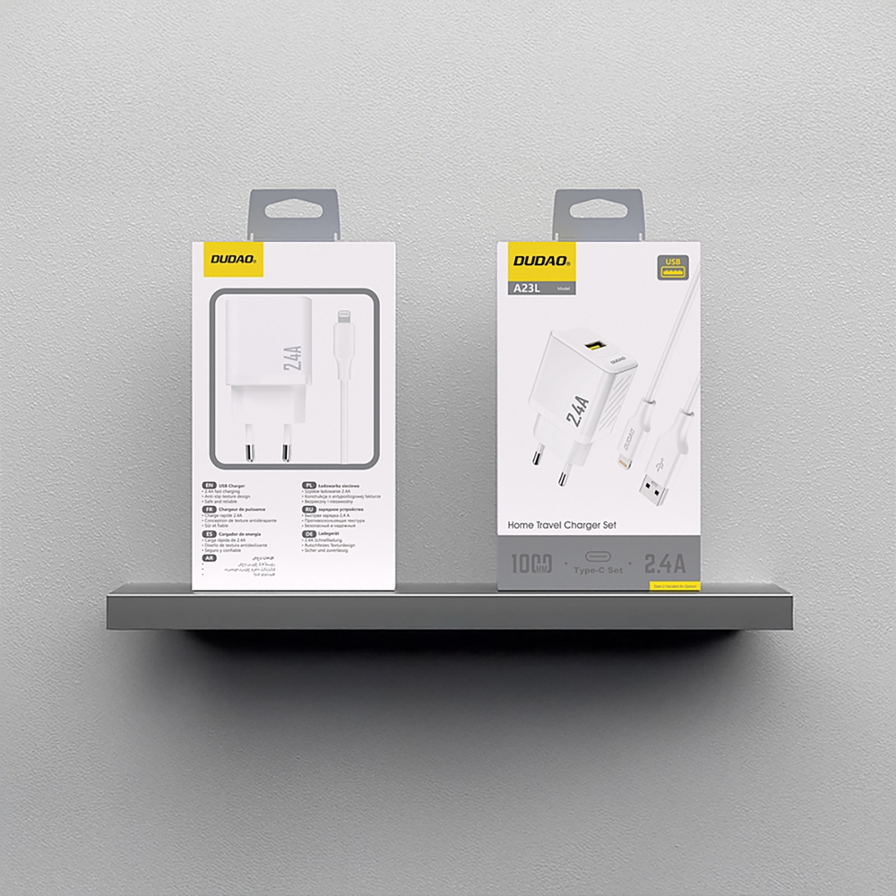 Dudao A23L 2.4A USB-A Wandladeger&auml;t GaN mit USB-A auf Lightning Kabel - Weiss