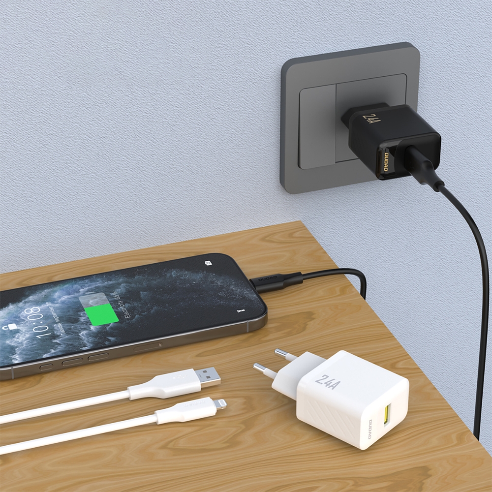 Dudao A23L 2.4A USB-A Wandladeger&auml;t GaN mit USB-A auf Lightning Kabel - Schwarz