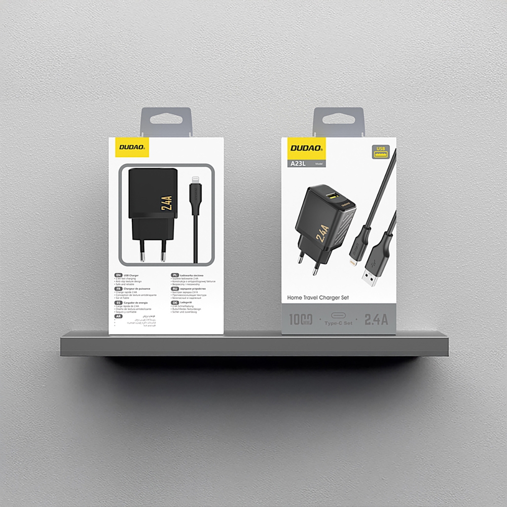 Dudao A23L 2.4A USB-A Wandladeger&auml;t GaN mit USB-A auf Lightning Kabel - Schwarz