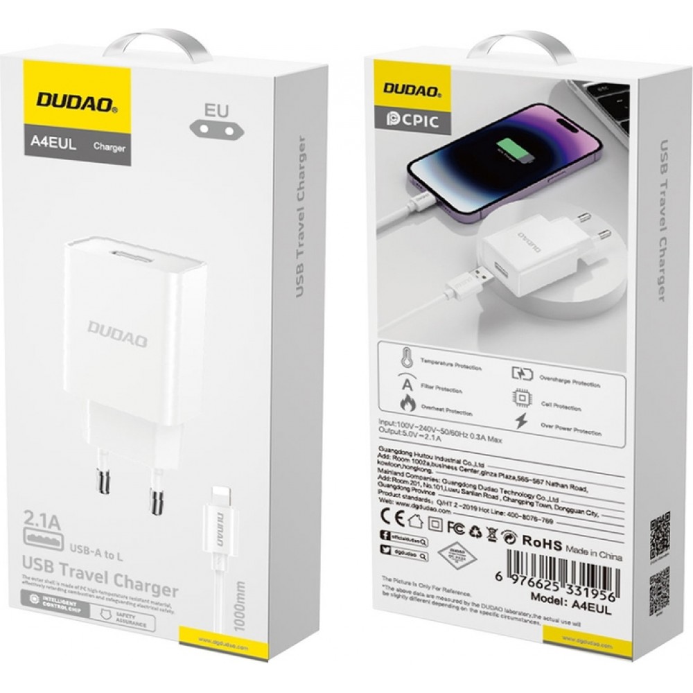 Dudao A4EUL USB-A Wandladeger&auml;t 2.1A mit Lightning Kabel f&uuml;r iPhone und kompatible Ger&auml;te - Weiss
