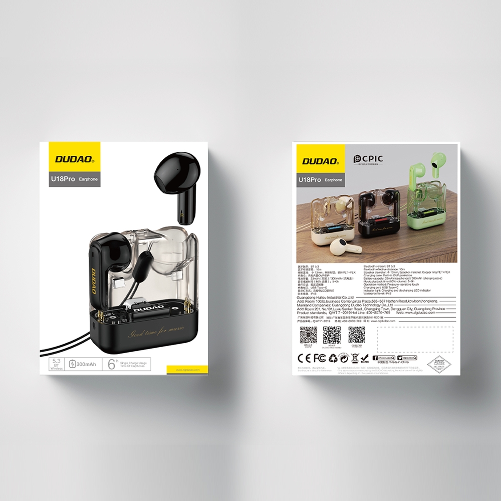 Dudao U18Pro Bluetooth 5.3 TWS Kopfh&ouml;rer ergonomisch 6h Akkulaufzeit - Schwarz