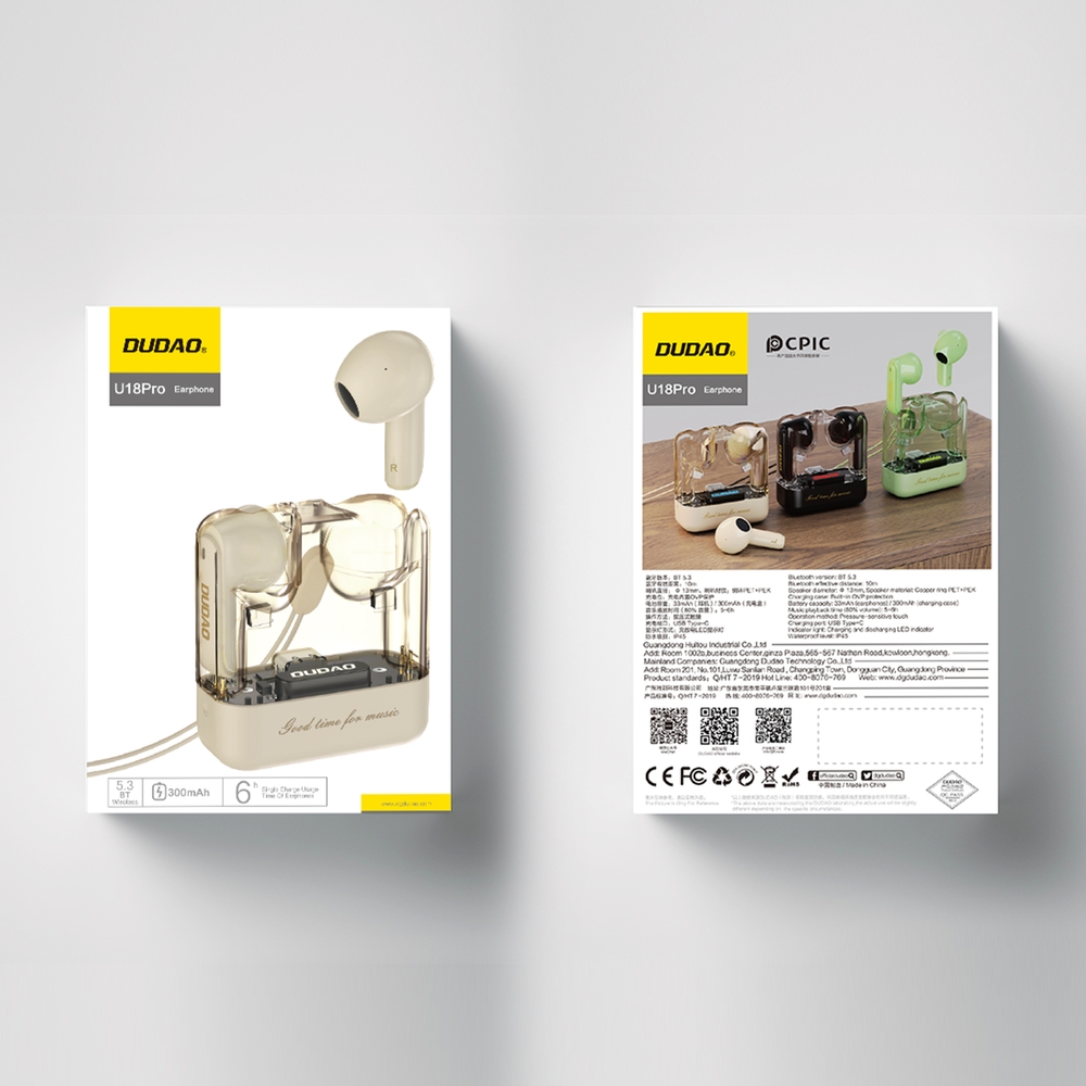 Dudao U18Pro Bluetooth 5.3 TWS Kopfhörer ergonomisch 6h Akkulaufzeit - Beige