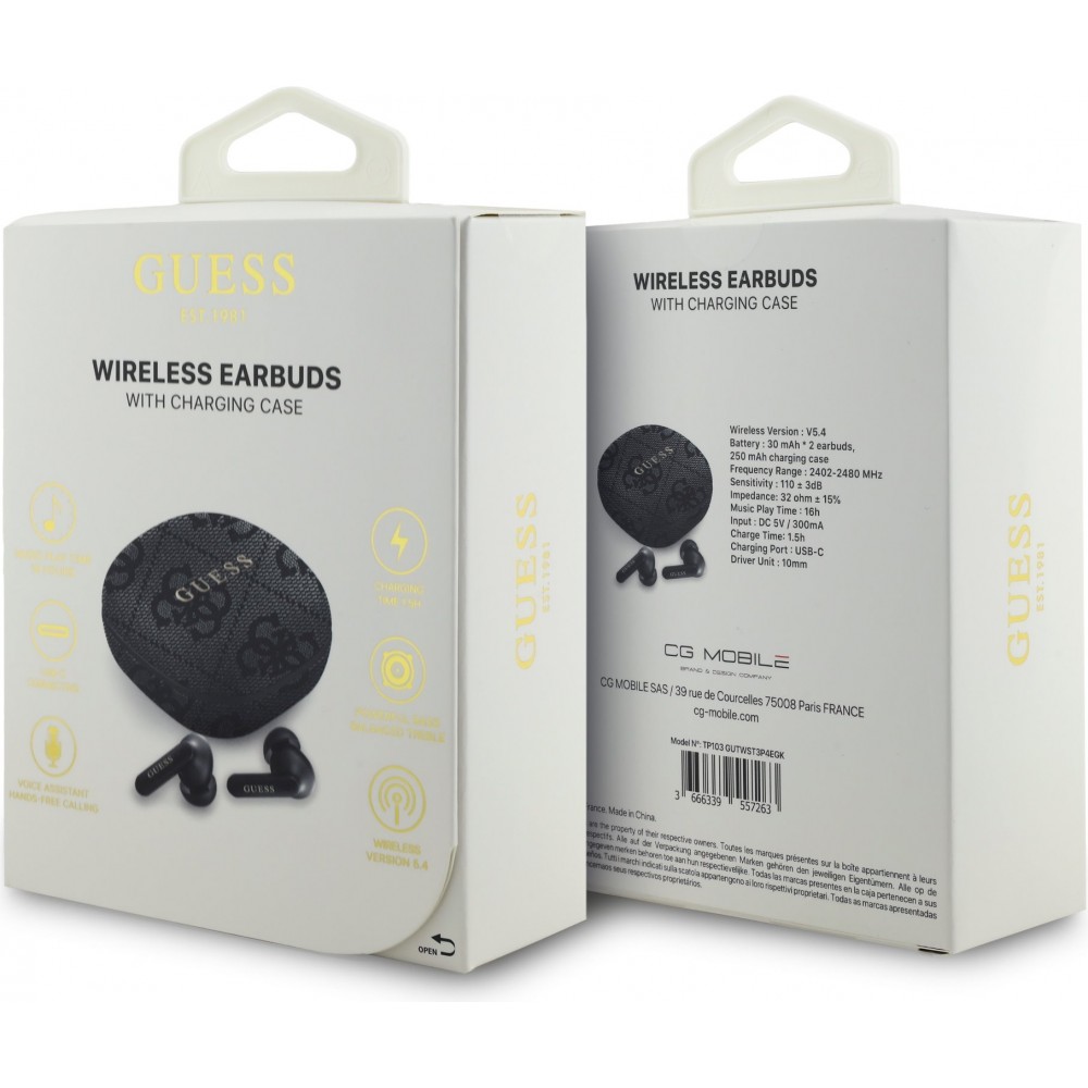 Bluetooth Kopfh&ouml;rer Guess PU 4G Script Logo ENC TWS mit Sprachassistent und 16h Akkulaufzeit - Schwarz