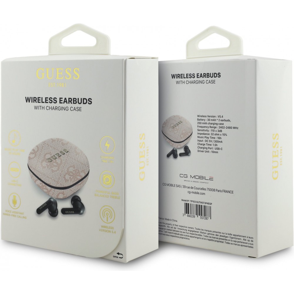 Bluetooth Kopfh&ouml;rer Guess PU 4G Script Logo ENC TWS mit Sprachassistent und 16h Akkulaufzeit - Rosa