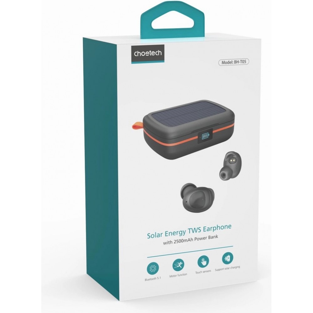 Bluetooth TWS Wasserdichte Kopfh&ouml;rer mit Solarpanel und 2500mAh Powerbank BH-T05 - Schwarz
