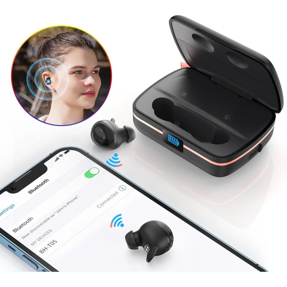 Bluetooth TWS Wasserdichte Kopfh&ouml;rer mit Solarpanel und 2500mAh Powerbank BH-T05 - Schwarz