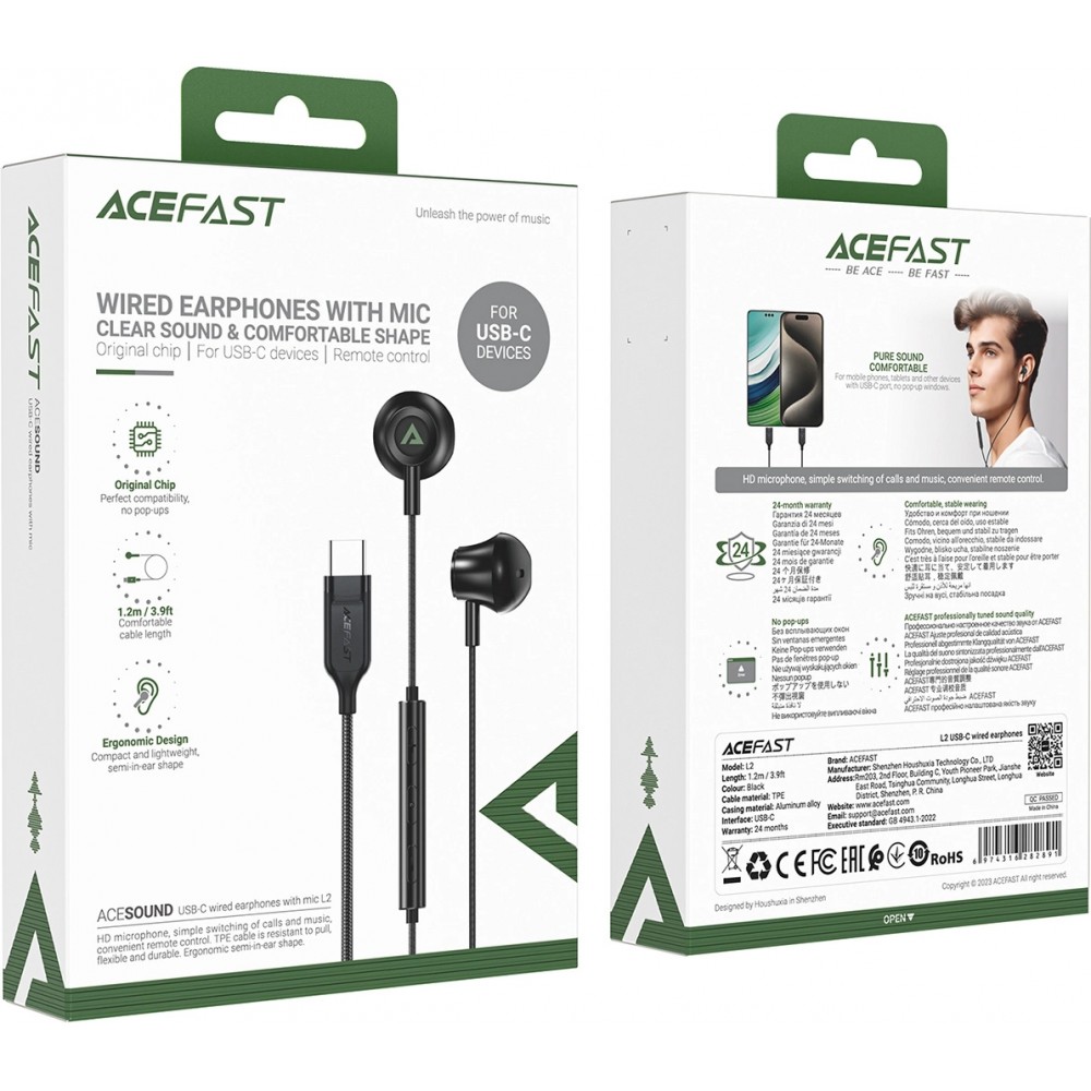 Acefast L2 In-Ear Kopfhörer USB-C Anschluss mit Mikrofon und Fernbedienung 1.2 m - Schwarz