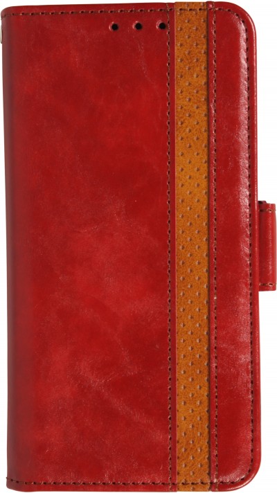 iPhone 17 Leder Tasche - Flip Wallet Echtleder mit Akzentstreifen & Kartenhalter - Rot
