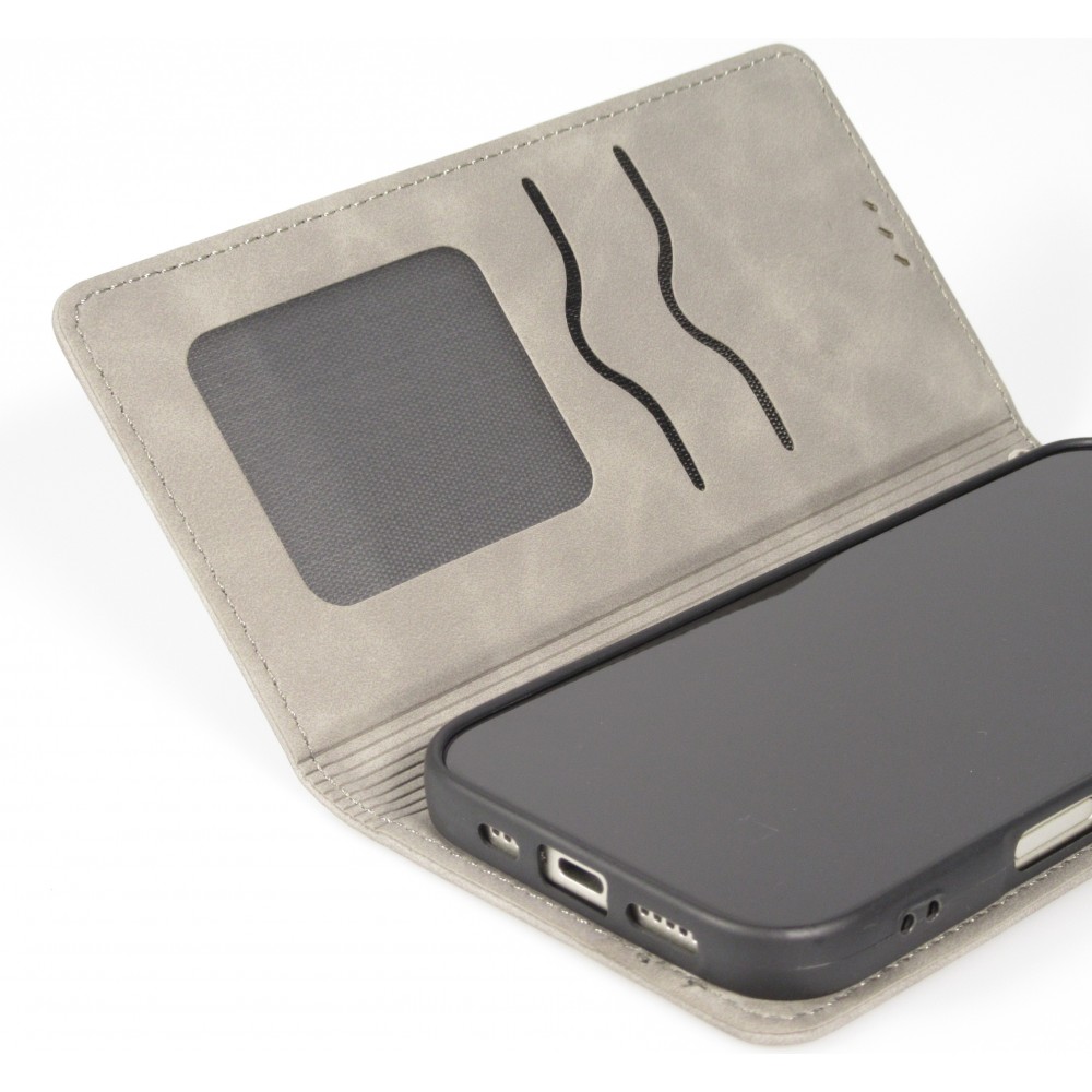 Leder Tasche Case iPhone 17 - Flip Wallet vintage mit Magnetverschluss und Kartenhalter - Grau