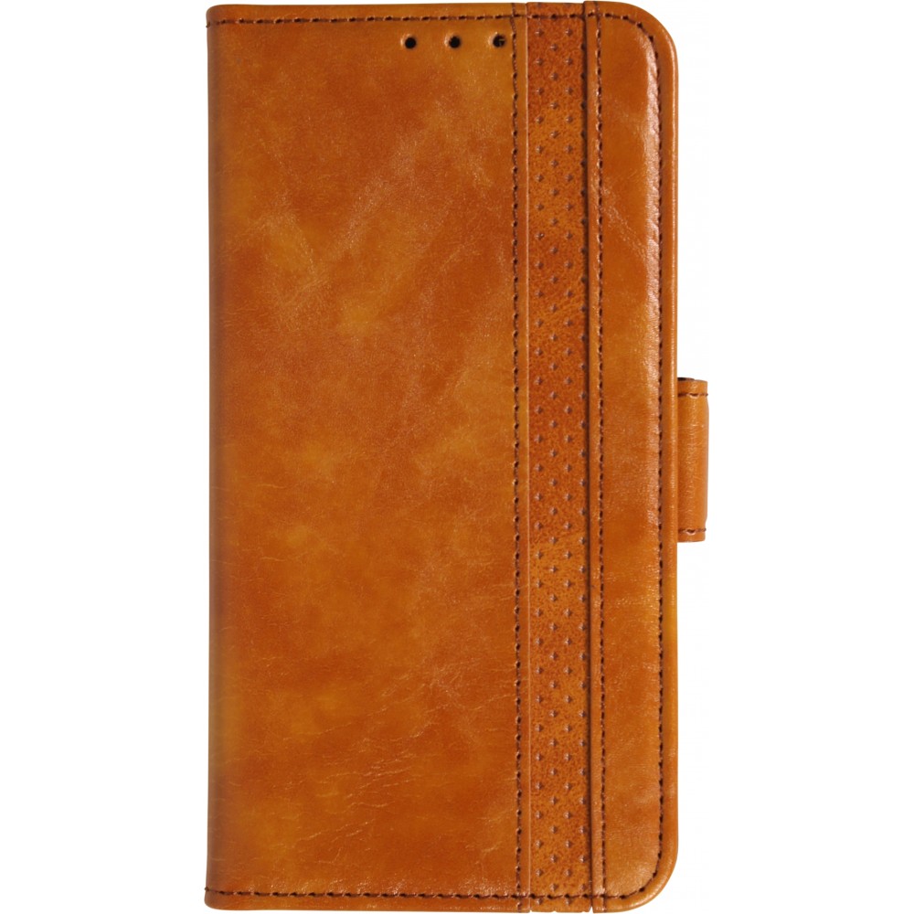 iPhone 17 Pro Leder Tasche - Flip Wallet Echtleder mit Akzentstreifen & Kartenhalter - Hellbraun